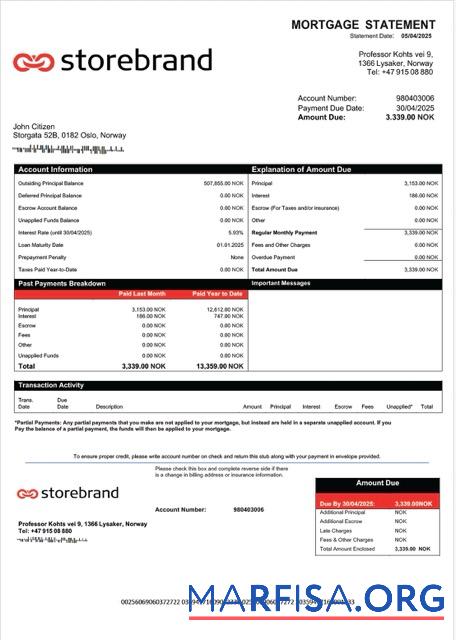 Printable Norway Storebrand Bank mortgage statement Word and PDF template
